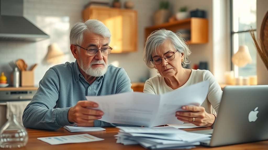 Concerned senior couple reviewing documents for medicare open enrollment 2026 at home, surrounded by paperwork and bill statements