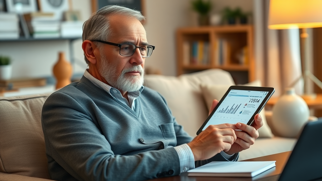 Sophisticated senior man comparing medicare advantage plans and original medicare on a tablet